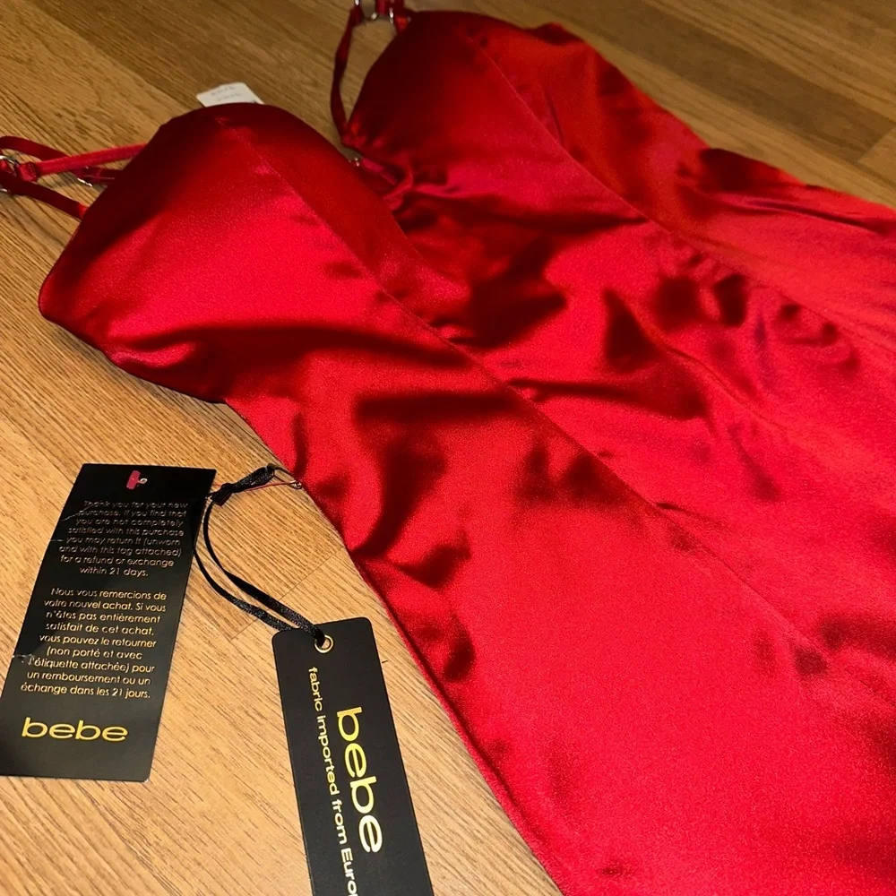 bebe Red Satin Slip Dress with Sweetheart Neckline adjustable strap - Picture 4 of 5